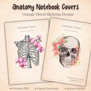 Pode incluir: Duas capas de cadernos em estilo vintage com ilustrações anatômicas. Uma apresenta uma caixa torácica, a outra um crânio, ambas adornadas com detalhes florais rosa. O texto diz "Anatomy Notebook Covers" e "Anatomy Notes". Download digital.