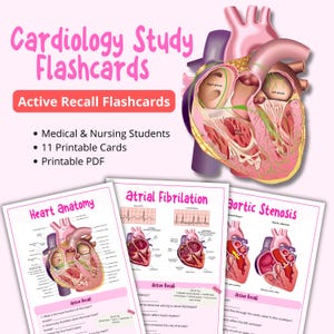 May include: Cardiology study flashcards for medical and nursing students. The image shows flashcards with heart anatomy, atrial fibrillation, and aortic stenosis diagrams. The flashcards are designed for active recall and include 11 printable cards in PDF format.