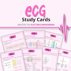 Pode incluir: Um conjunto de cartões de estudo de ECG com texto rosa e um gráfico de forma de onda rosa. Os cartões cobrem tópicos como fibrilação atrial e taquicardia sinusal. O texto diz "MASTER THE ELECTROCARDIOGRAM".