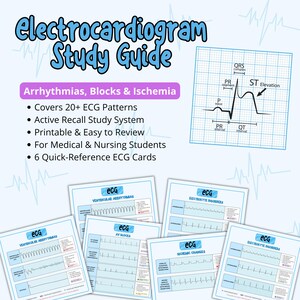 Può includere: Una guida didattica per elettrocardiogrammi. Il titolo "Electrocardiogram Study Guide" è visualizzato in blu. La guida tratta aritmie, blocchi e ischemia, con schemi ECG e schede di riferimento rapido.