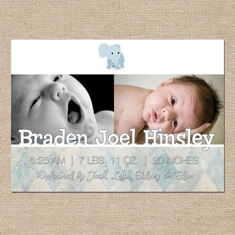 Baby Elephant Custom Birth Announcement