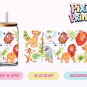 May include: A clear glass tumbler with a bamboo lid and straw, featuring a colorful design of characters from The Lion King. The design includes Simba, Timon, Pumbaa, and Zazu, with green foliage accents. The tumbler is 16 oz.