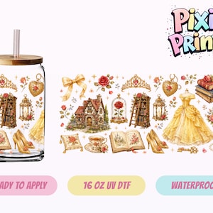 May include: A clear glass can-shaped tumbler with a bamboo lid and straw, featuring a wrap-around design of fairytale-themed illustrations. The design includes a yellow gown, books, roses, and a house. The text "Pixie Prints" is visible.