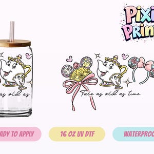 May include: Clear glass tumbler with a bamboo lid and pink straw, featuring a cartoon design of Mrs. Potts and Chip from Beauty and the Beast. The design includes the text "Tale as old as time."