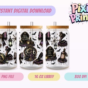 May include: Three clear glass tumblers with bamboo lids and straws, featuring a dark gothic design with purple bows, bats, a snake, a high-heeled shoe, a spider web, and text including 'Check In... If You Dare Stay Forever' and 'I Survived The Fifth Dimension'.