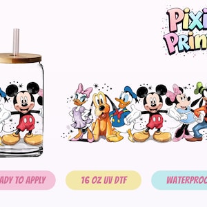 May include: A clear glass tumbler with a bamboo lid and straw, featuring a colorful cartoon design of Mickey Mouse, Donald Duck, and other Disney characters. The image also includes the text "Pixie Prints".