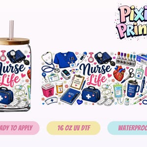 May include: A clear glass tumbler with a bamboo lid and straw, featuring a colorful wrap design with medical icons like stethoscopes, scrubs, and a heart, alongside the text Nurse Life. The design includes a biohazard bin and syringes.