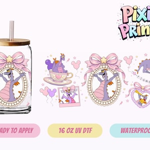 May include: A clear glass beverage cup with a bamboo lid and a pink straw. The cup features a cartoon dragon design within a pink bow and pearl frame. Additional dragon graphics and text are also present.