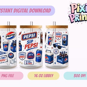 May include: Three glass can-shaped tumblers with bamboo lids and straws, featuring a Pepsi-themed graphic wrap. The design includes Pepsi logos, vintage soda bottles, cans, a cooler, sunglasses, and text such as SIP PEPSI, CHILL VIBES, and GOOD TIMES & PEPSI.