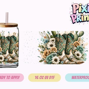 May include: A glass tumbler with a bamboo lid and straw, featuring a design of turquoise cowboy boots surrounded by flowers and cacti. The image also shows a matching design on a white background, with the words "Pixie Prints" in a colorful font.