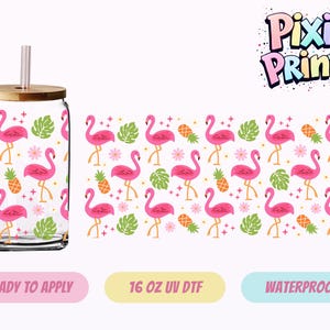 May include: A clear glass tumbler with a bamboo lid and straw, featuring a repeating pattern of pink flamingos, pineapples, and green leaves. The tumbler is 16 oz and ready to apply. The design is waterproof.