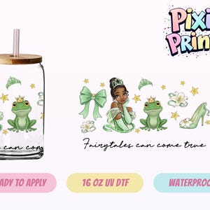 May include: A clear glass tumbler with a bamboo lid and a pink straw. The tumbler features a princess and frog design with the text "Fairytales can come true". The design includes a green bow, a high heel, and stars.