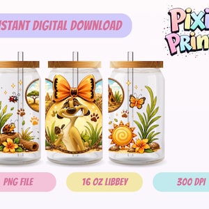 May include: Three clear 473 ml Libbey glass cans with bamboo lids and glass straws, featuring a digital wrap design of a meerkat with an orange bow, ladybugs, a butterfly, a sun, tropical flowers, green foliage, and paw prints on a savanna background.