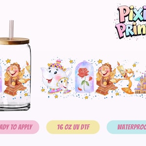 May include: A clear glass tumbler with a bamboo lid and straw, featuring a colorful cartoon design of characters from a fairy tale. The design includes a teapot, a rose in a glass dome, and a castle. The tumbler is ready to apply.