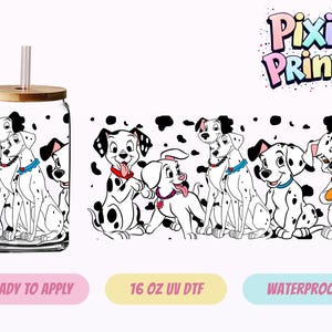 May include: A clear glass tumbler with a bamboo lid and straw, featuring a black and white Dalmatian dog design. The design includes multiple Dalmatian illustrations and black spots. The tumbler is 16 oz.