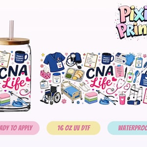 May include: A clear 16 oz glass tumbler with a bamboo lid and straw, featuring a colorful wrap design with medical icons like a wheelchair, hospital bed, stethoscope, and scrubs. The text reads CNA Life, Making a Difference Every Day, and Heroes Work Here.