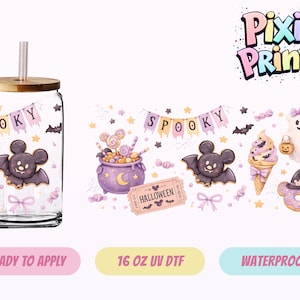 May include: A clear glass tumbler with a bamboo lid and straw, featuring a Halloween-themed wrap design with a purple cauldron, a ghost, a bat, an ice cream cone, a donut, and a banner that reads SPOOKY, alongside a 16 oz UV DTF transfer sheet.