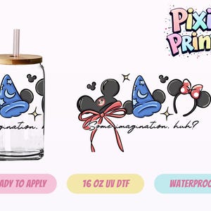 May include: A clear glass can-shaped cup with a wooden lid and a pink straw. The cup features a blue wizard hat design, Mickey Mouse ears, and the text "imagination." Additional designs include a Minnie Mouse bow and the text "Some imagination. huh?"
