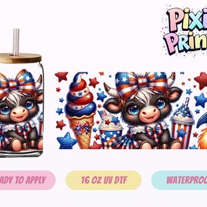 May include: A clear glass tumbler with a bamboo lid and straw, featuring a patriotic cow design. The cow wears a bow and dress in red, white, and blue. The design includes ice cream, stars, and a rocket.