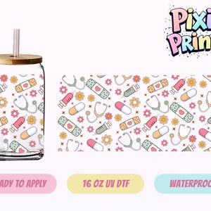 May include: A clear glass tumbler with a bamboo lid and a straw. The tumbler features a repeating pattern of medical-themed illustrations, including stethoscopes, bandages, pills, syringes, and flowers. The design is in pastel colors on a white background.