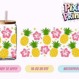 May include: A clear glass tumbler with a bamboo lid and straw, featuring a repeating pattern of yellow pineapples, pink hibiscus flowers, and green leaves. The words "Pixie Prints" are at the top.