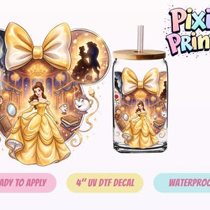 May include: A 4-inch UV DTF decal featuring a yellow gown-wearing character, a large yellow bow, a rose in a glass dome, and silhouettes of a beast and a dancing couple. The design includes a glass tumbler with a bamboo lid and a clear straw.