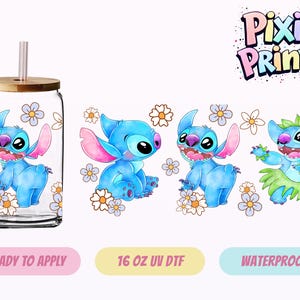May include: A clear glass can-shaped tumbler with a bamboo lid and straw, featuring a blue cartoon character design with pink ears and a purple nose, surrounded by white and yellow flowers. The image also includes the text "Pixie Prints".