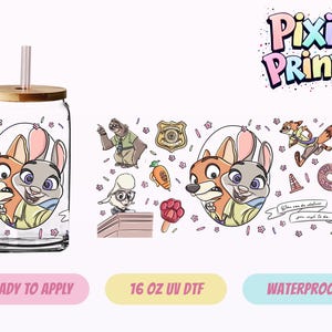 May include: A clear glass tumbler with a bamboo lid and a pink straw. The tumbler features a colorful cartoon design of two characters from Zootopia. The design includes other Zootopia characters and the text "Pixie Prints".