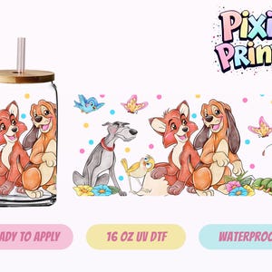 May include: A clear glass tumbler with a bamboo lid and straw, featuring a cartoon illustration of a fox and a dog. The design includes colorful butterflies, flowers, and a caterpillar. The text "Pixie Prints" is visible.