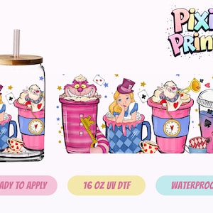 May include: A collection of clear glass tumblers and cups with Alice in Wonderland-themed designs. The designs include characters like Alice, the Cheshire Cat, and the White Rabbit, with pink, blue, and gold accents. The tumblers have bamboo lids and straws.