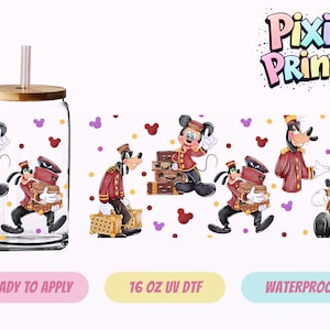 May include: Clear glass tumbler with a bamboo lid and straw, featuring a cartoon design of Mickey Mouse and Goofy in bellhop uniforms. The design includes the text "Pixie Prints". The tumbler is 16 oz.