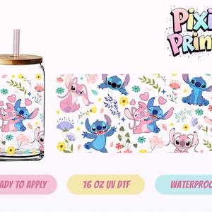 May include: A clear glass tumbler with a bamboo lid and straw, featuring a colorful design of cartoon characters and floral elements. The design includes blue and pink characters with hearts, flowers, and the text "Pixie Prints".