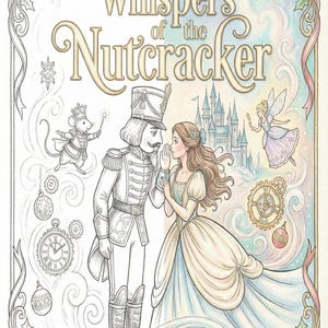 Könnte beinhalten: Ein Malbuch für Erwachsene mit dem Titel "Whispers of the Nutcracker". Das Cover zeigt eine detaillierte Illustration von Figuren aus dem Nussknacker-Ballett, darunter der Nussknacker, eine Prinzessin und eine Fee. Verzierungen und dekorative Elemente umgeben das zentrale Bild.