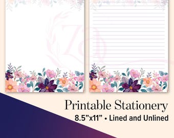 Blocco da cancelleria floreale rosa e viola con lettere USA / Download digitale / Pagine stampabili a righe e non a righe