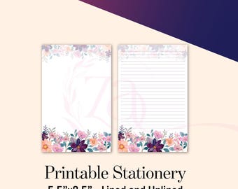 Blocco da cancelleria floreale rosa e viola 5,5"x8,5" / Download digitale / Pagine stampabili a righe e non a righe