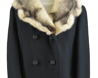 Vintage Double Breasted Black Wool Blend Straight Coat with Mink Fur Collar