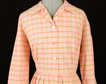 Vintage Peach and Pink Plaid Dress, Large Size