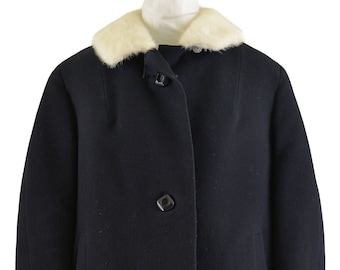 Vintage zwart op maat gemaakte kasjmier rechte jas met ivoren Mink kraag met zakken