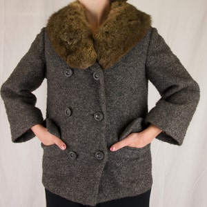 Vintage Mr. Carl Black, Brown and Grey Wool Double Breasted Jacket with Wide Fur Collar