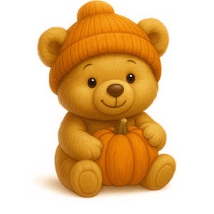 Op de afbeelding: Illustratie van een schattige teddybeer met een oranje muts en een oranje pompoen. De beer heeft een vriendelijke uitdrukking. De warme kleuren en witte achtergrond maken het ideaal voor herfst- of Halloween-thema's.