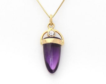 Amethyst Amulet Pendant Surrounded in 14K Solid Yellow Gold Accented with a Twinkle of White Topaz Handmade and Lustrous, Natural Purple