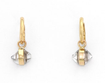 Quartz Herkimer Diamond Hoop Earrings in Solid 14k Gold, Sparkling Handmade Natural Quartz