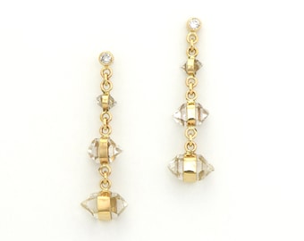 Quartz Herkimer Diamond and Authentic Diamond 'Waterfall' Earrings Sparkling Mystical Natural Crystals Handmade in Solid 14k Yellow Gold
