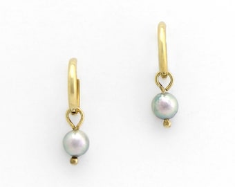 Pearls! Sweet Soft Gray Natural Japanese Pearls on Huggie Hoops in 14K Solid Yellow Gold Handmade Simply Elegant, Wearable and Trendyy