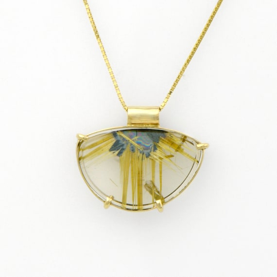 Quartz Rutilated Pendant in 14K Gold, Fine Handmade Jewelry, One of a Kind 3 Ray Golden Rutile
