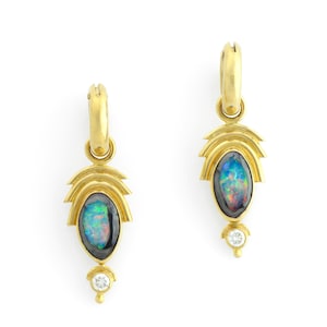 Opal and Diamond Earrings Solid 18K Yellow Gold HandCrafted OOAK Stunning, Elegant and Bold Statement, Australian Koroit Yowah-Nut Opal