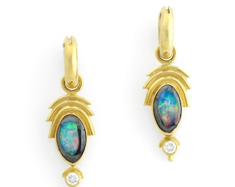 Opal and Diamond Earrings Solid 18K Yellow Gold HandCrafted OOAK Stunning, Elegant and Bold Statement, Australian Koroit Yowah-Nut Opal