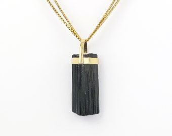 Tourmaline Black Grounding Bold Raw Uncut Natural Crystal set in Solid 14K Yellow Gold Handmade Protector Repels Negative Energy