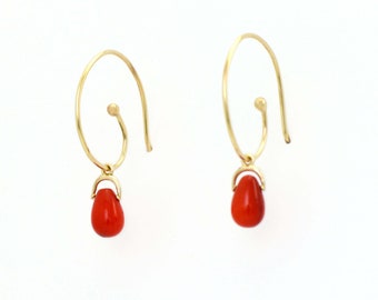 Coral Droplets on Handcrafted Spiraled 14K Gold Ear Wires Unique Little Lightweight Go-To Earrings
