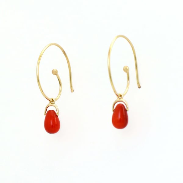 Coral Droplets on Handcrafted Spiraled 14K Gold Ear Wires Unique Little Lightweight Go-To Earrings